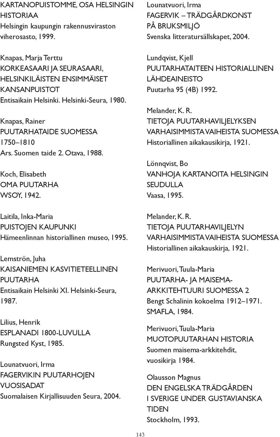 Suomen taide 2. Otava, 1988. Koch, Elisabeth OMA PUUTARHA WSOY, 1942. Laitila, Inka-Maria PUISTOJEN KAUPUNKI Hämeenlinnan historiallinen museo, 1995.