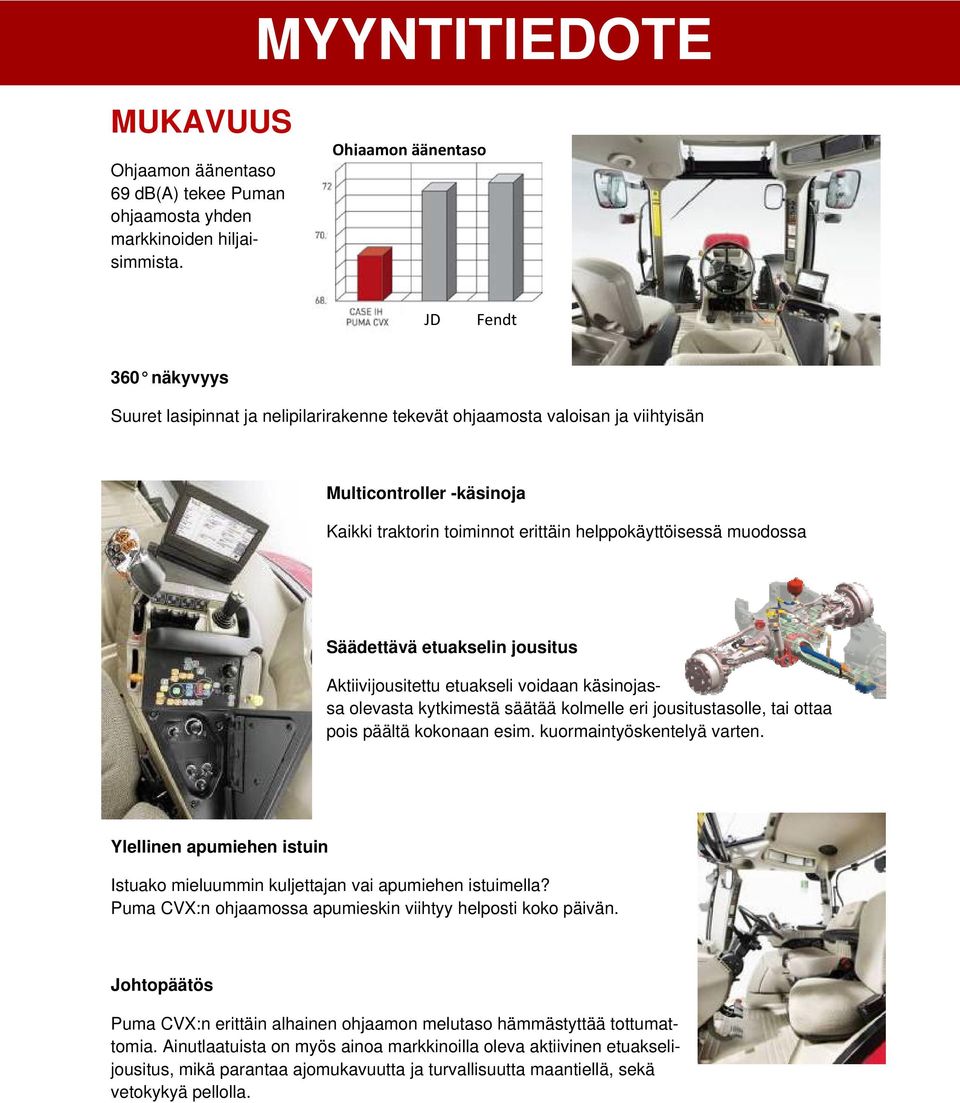 helppokäyttöisessä muodossa Säädettävä etuakselin jousitus Aktiivijousitettu etuakseli voidaan käsinojassa olevasta kytkimestä säätää kolmelle eri jousitustasolle, tai ottaa pois päältä kokonaan esim.