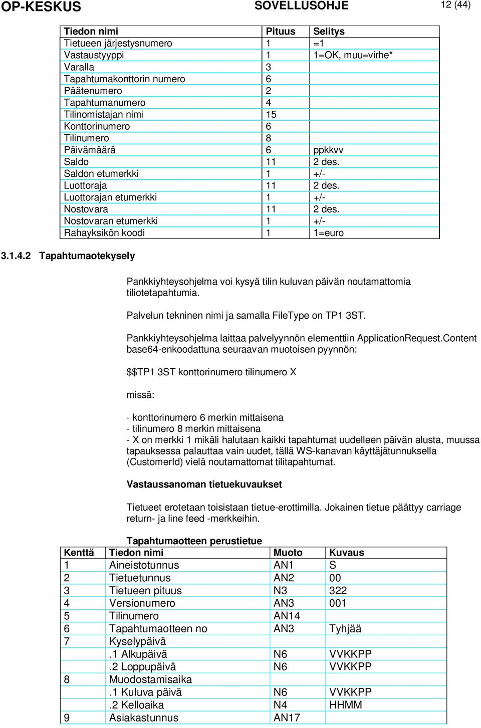 Nostovaran etumerkki 1 +/- Rahayksikön koodi 1 1=euro 3.1.4.2 Tapahtumaotekysely Pankkiyhteysohjelma voi kysyä tilin kuluvan päivän noutamattomia tiliotetapahtumia.