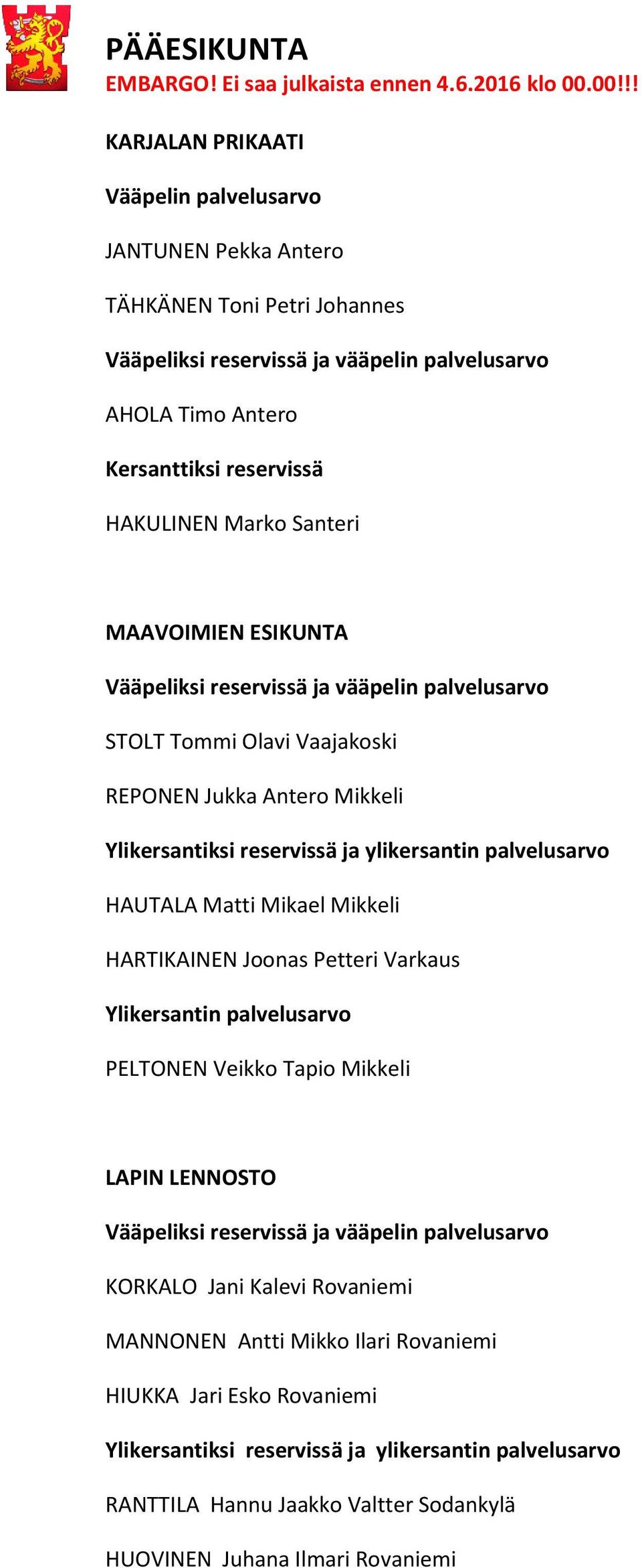 HARTIKAINEN Joonas Petteri Varkaus PELTONEN Veikko Tapio Mikkeli LAPIN LENNOSTO KORKALO Jani Kalevi Rovaniemi MANNONEN