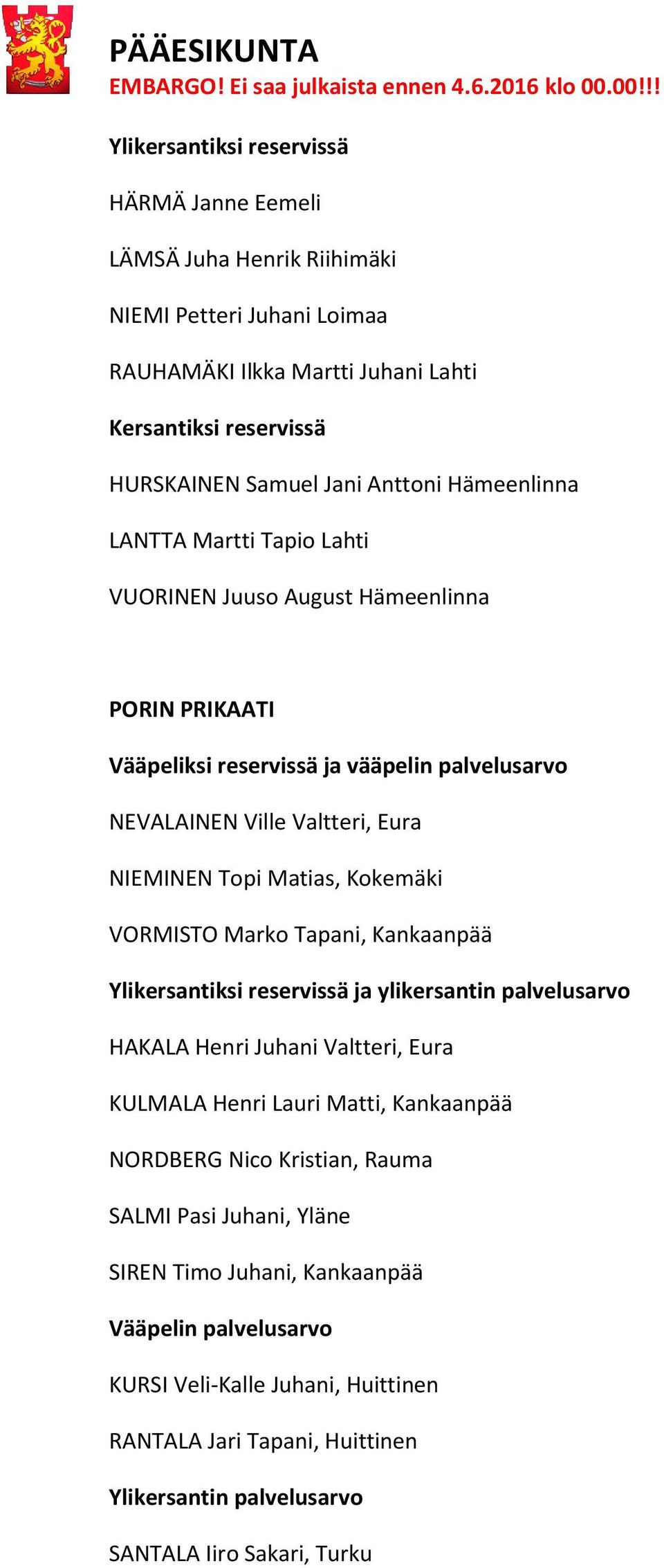 Eura NIEMINEN Topi Matias, Kokemäki VORMISTO Marko Tapani, Kankaanpää HAKALA Henri Juhani Valtteri, Eura KULMALA Henri Lauri Matti, Kankaanpää NORDBERG Nico