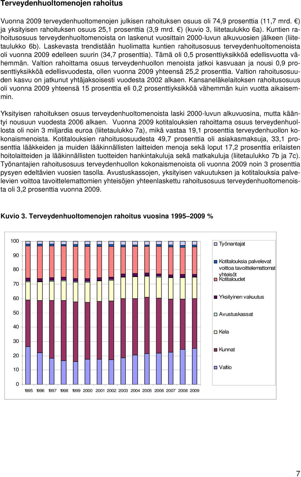 Laskevasta trendistään huolimatta kuntien rahoitusosuus terveydenhuoltomenoista oli vuonna 2009 edelleen suurin (34,7 prosenttia). Tämä oli 0,5 prosenttiyksikköä edellisvuotta vähemmän.