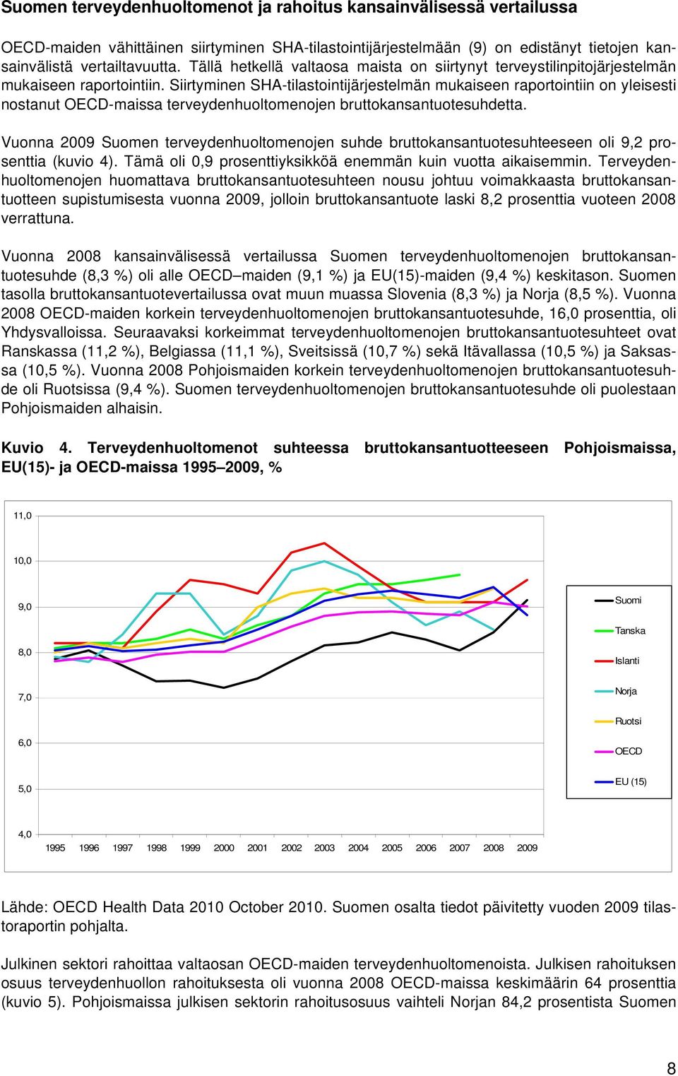 Siirtyminen SHA-tilastointijärjestelmän mukaiseen raportointiin on yleisesti nostanut OECD-maissa terveydenhuoltomenojen bruttokansantuotesuhdetta.