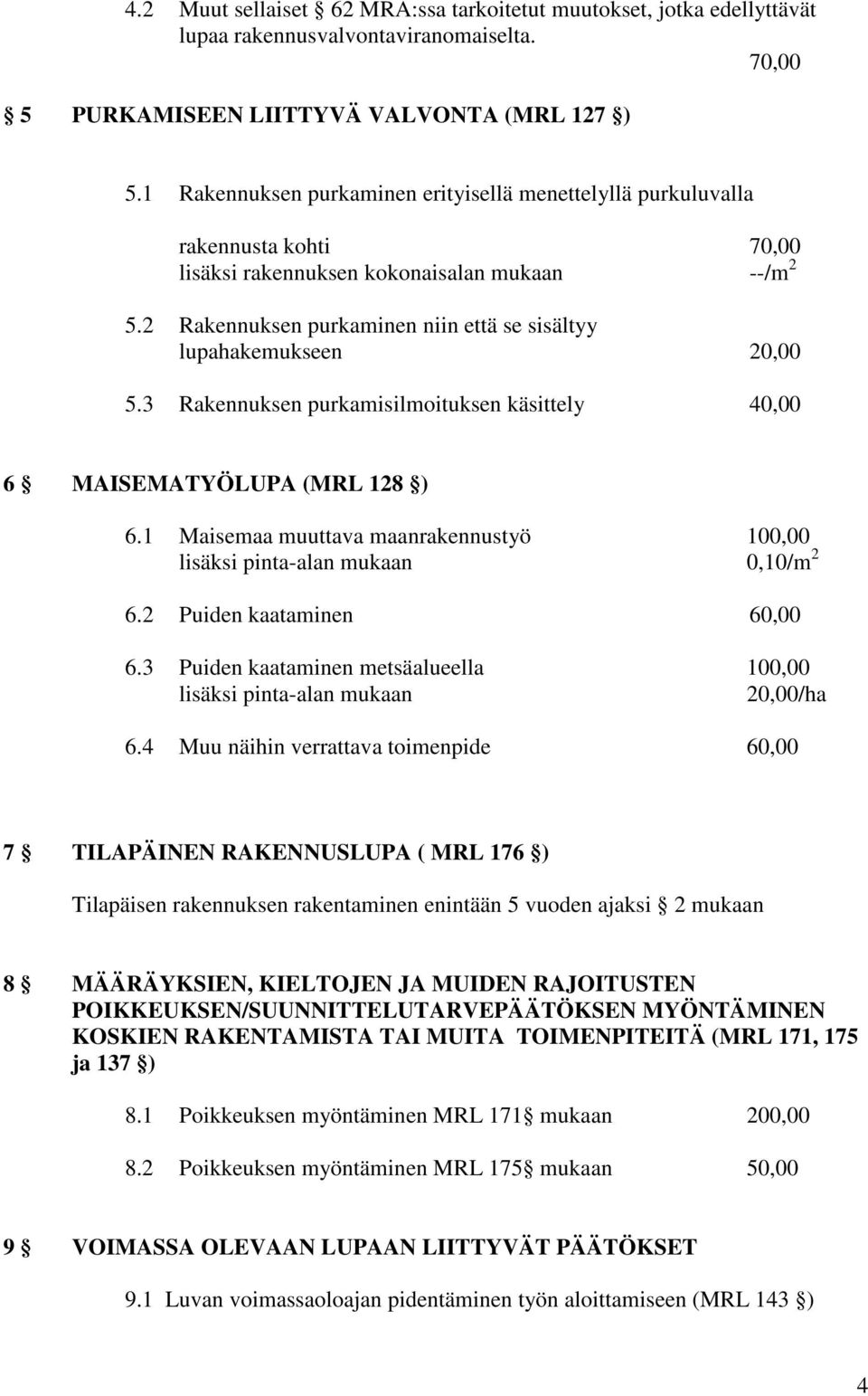 2 Rakennuksen purkaminen niin että se sisältyy lupahakemukseen 20,00 5.3 Rakennuksen purkamisilmoituksen käsittely 40,00 6 MAISEMATYÖLUPA (MRL 128 ) 6.