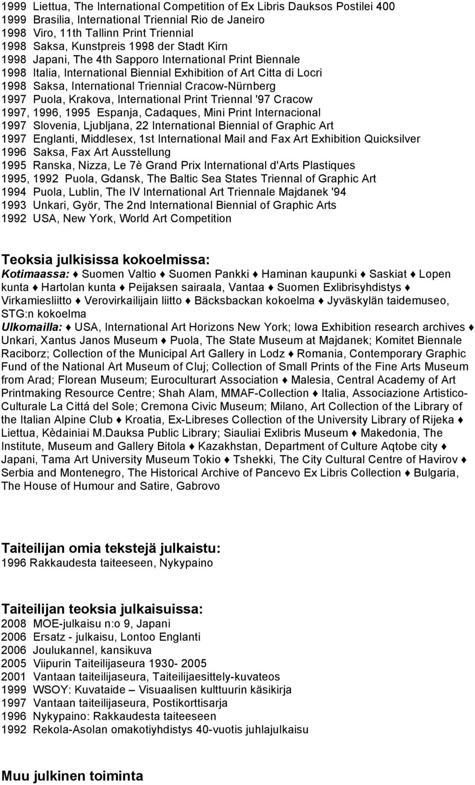 Puola, Krakova, International Print Triennal '97 Cracow 1997, 1996, 1995 Espanja, Cadaques, Mini Print Internacional 1997 Slovenia, Ljubljana, 22 International Biennial of Graphic Art 1997 Englanti,