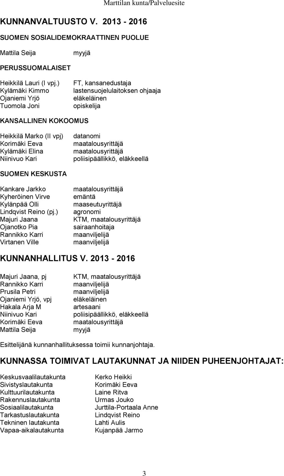 Kari datanomi maatalousyrittäjä maatalousyrittäjä poliisipäällikkö, eläkkeellä SUOMEN KESKUSTA Kankare Jarkko Kyheröinen Virve Kylänpää Olli Lindqvist Reino (pj.