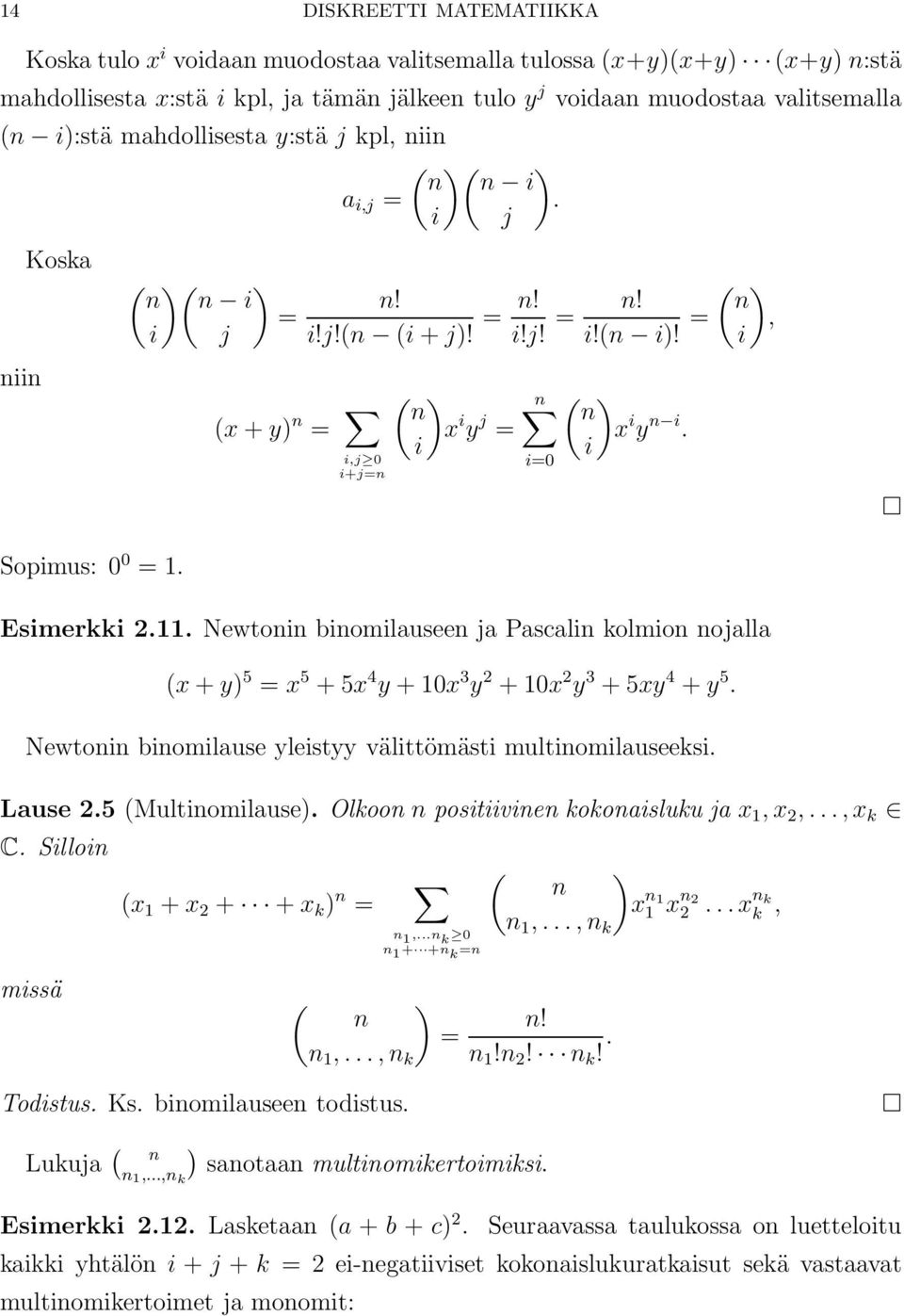 = ( n x i y j = i n i=0 ( n x i y n i. i ( n, i Esimerkki 2.11. Newtonin binomilauseen ja Pascalin kolmion nojalla (x + y 5 = x 5 + 5x 4 y + 10x 3 y 2 + 10x 2 y 3 + 5xy 4 + y 5.