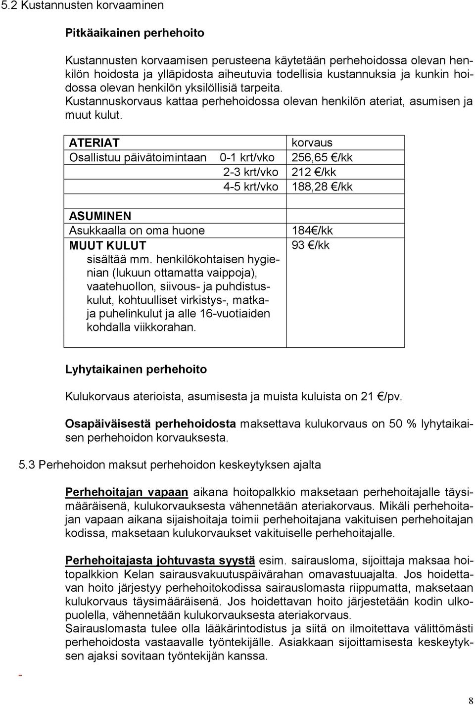 ATERIAT korvaus Osallistuu päivätoimintaan 0-1 krt/vko 256,65 /kk 2-3 krt/vko 212 /kk 4-5 krt/vko 188,28 /kk ASUMINEN Asukkaalla on oma huone MUUT KULUT sisältää mm.