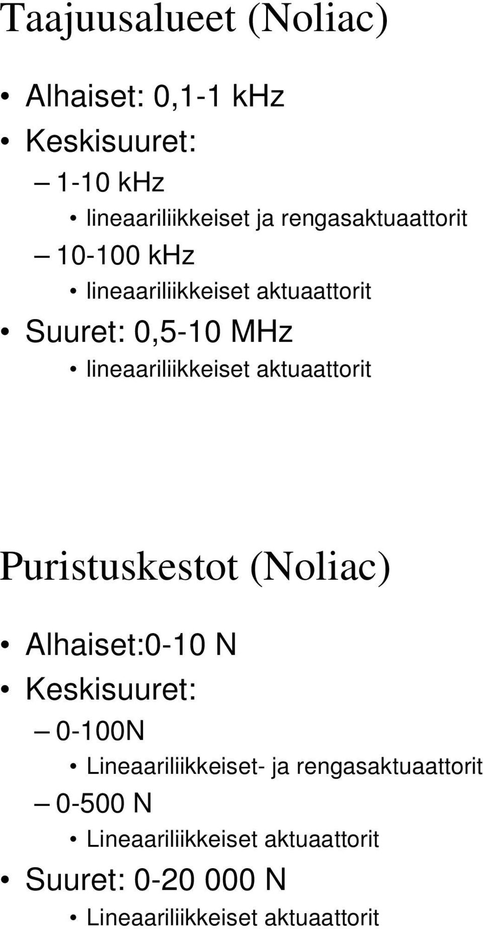 lineaariliikkeiset aktuaattorit Puristuskestot (Noliac) Alhaiset:0-10 N Keskisuuret: 0-100N