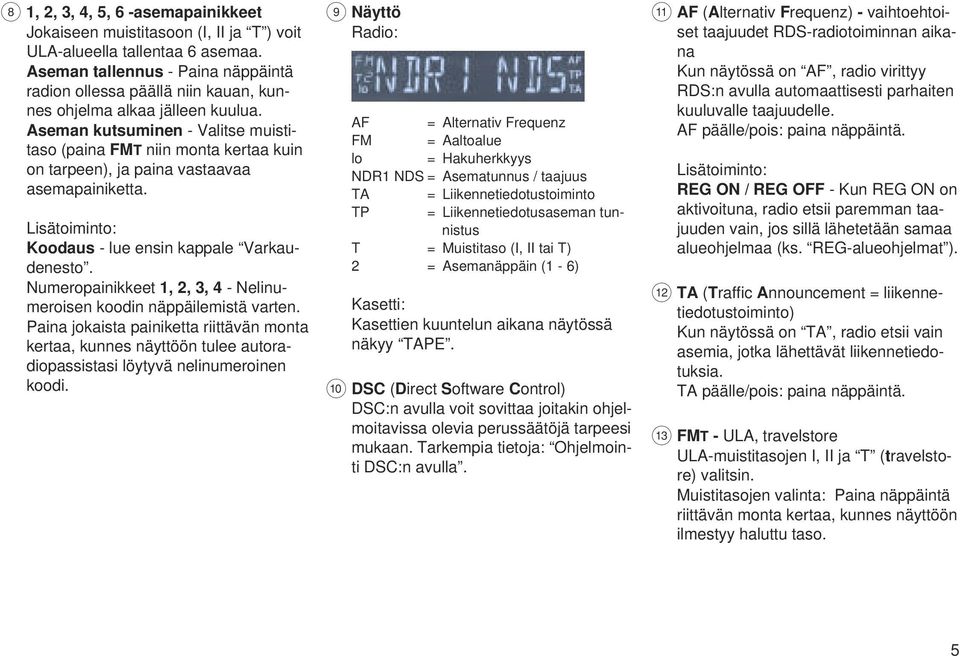 Aseman kutsuminen - Valitse muistitaso (paina FMT niin monta kertaa kuin on tarpeen), ja paina vastaavaa asemapainiketta. Lisätoiminto: Koodaus - lue ensin kappale Varkaudenesto.