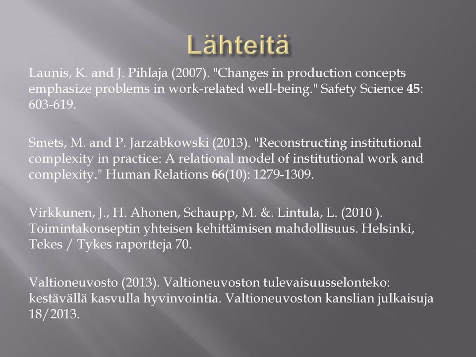 " Human Relations 66(10): 1279-1309. Virkkunen, J., H. Ahonen, Schaupp, M. &. Lintula, L. (2010 ). Toimintakonseptin yhteisen kehittämisen mahdollisuus.