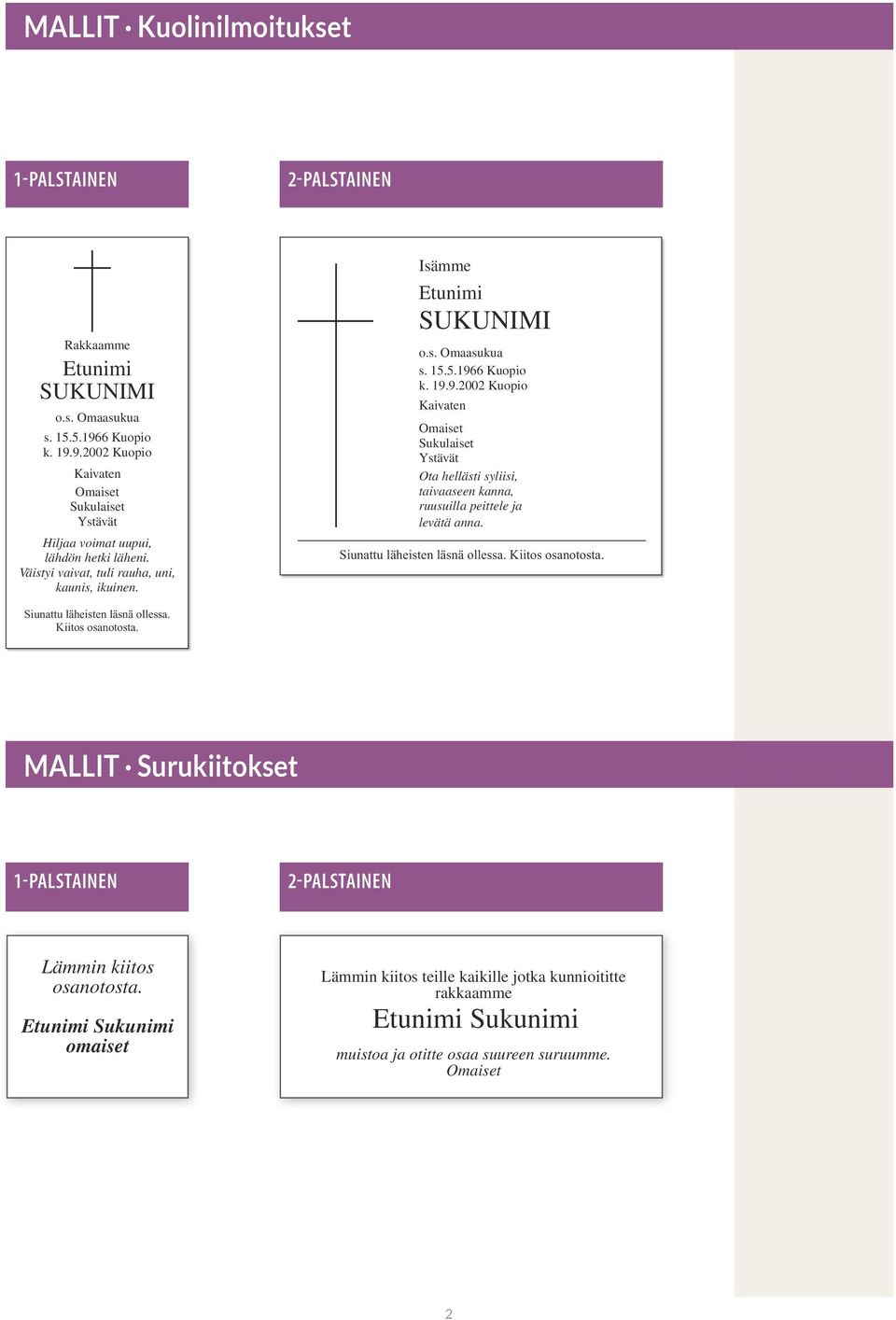 6 Kuopio k. 19.9.2002 Kuopio Kaivaten Omaiset Sukulaiset Ystävät Ota hellästi syliisi, taivaaseen kanna, ruusuilla peittele ja levätä anna. Siunattu läheisten läsnä ollessa. Kiitos osanotosta.