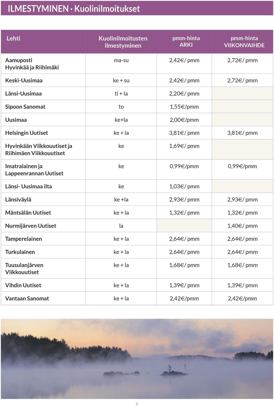 1,69e/ pmm Imatralainen ja Lappeenrannan Uutiset ke 0,99e/pmm 0,99e/pmm Länsi- Uusimaa ilta ke 1,03e/ pmm Länsiväylä ke +la 2,93e/ pmm 2,93e/ pmm Mäntsälän Uutiset ke + la 1,32e/ pmm 1,32e/ pmm