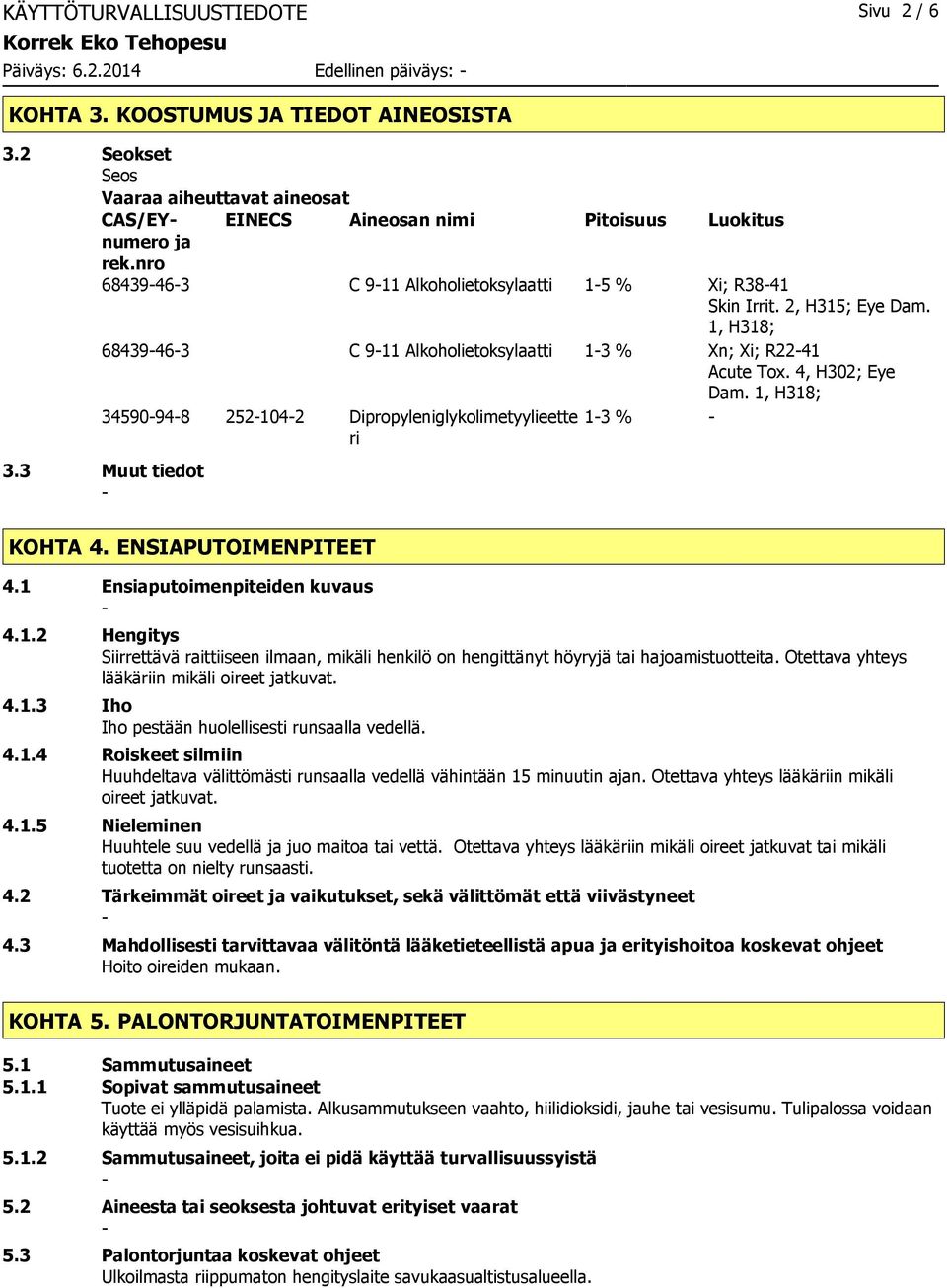 1, H318; 68439463 C 911 Alkoholietoksylaatti 13 % Xn; Xi; R2241 Acute Tox. 4, H302; Eye Dam. 1, H318; 34590948 2521042 Dipropyleniglykolimetyylieette 13 % ri 3.3 Muut tiedot KOHTA 4.