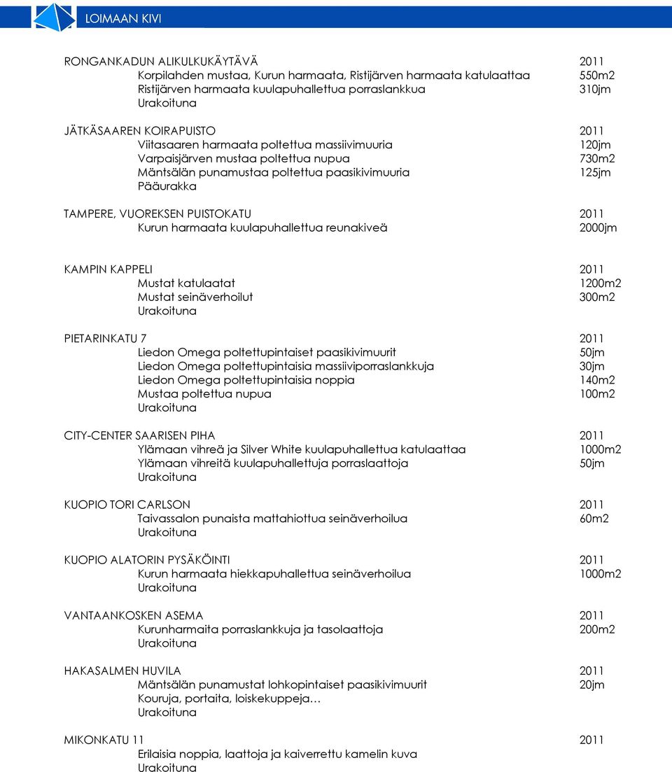 harmaata kuulapuhallettua reunakiveä 2000jm KAMPIN KAPPELI 2011 Mustat katulaatat 1 Mustat seinäverhoilut 300m2 PIETARINKATU 7 2011 Liedon Omega poltettupintaiset paasikivimuurit 50jm Liedon Omega