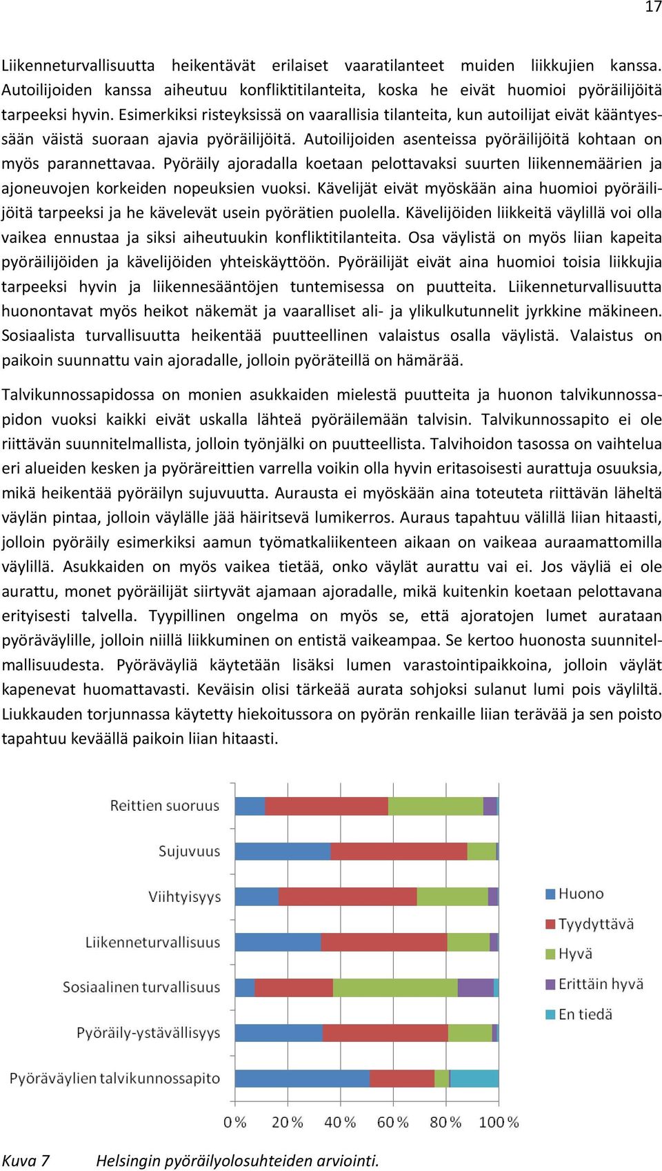 Pyöräily ajoradalla koetaan pelottavaksi suurten liikennemäärien ja ajoneuvojen korkeiden nopeuksien vuoksi.