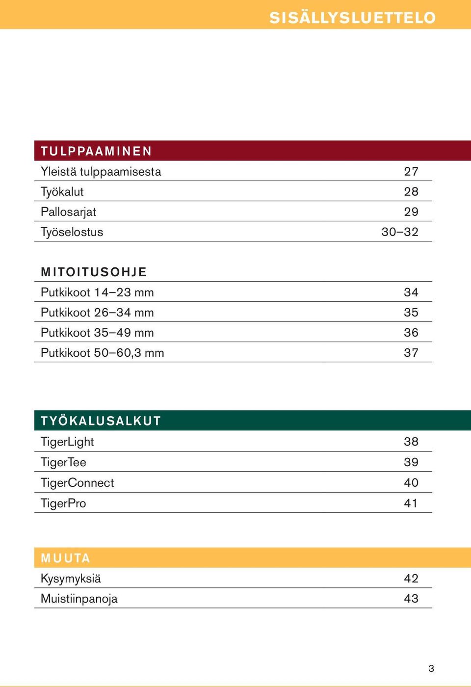 26 34 mm 35 Putkikoot 35 49 mm 36 Putkikoot 50 60,3 mm 37 TYÖKALUSALKUT