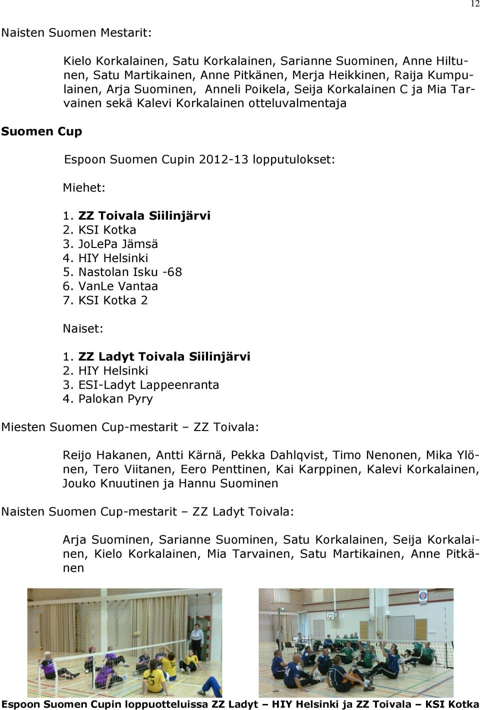 JoLePa Jämsä 4. HIY Helsinki 5. Nastolan Isku -68 6. VanLe Vantaa 7. KSI Kotka 2 Naiset: 1. ZZ Ladyt Toivala Siilinjärvi 2. HIY Helsinki 3. ESI-Ladyt Lappeenranta 4.