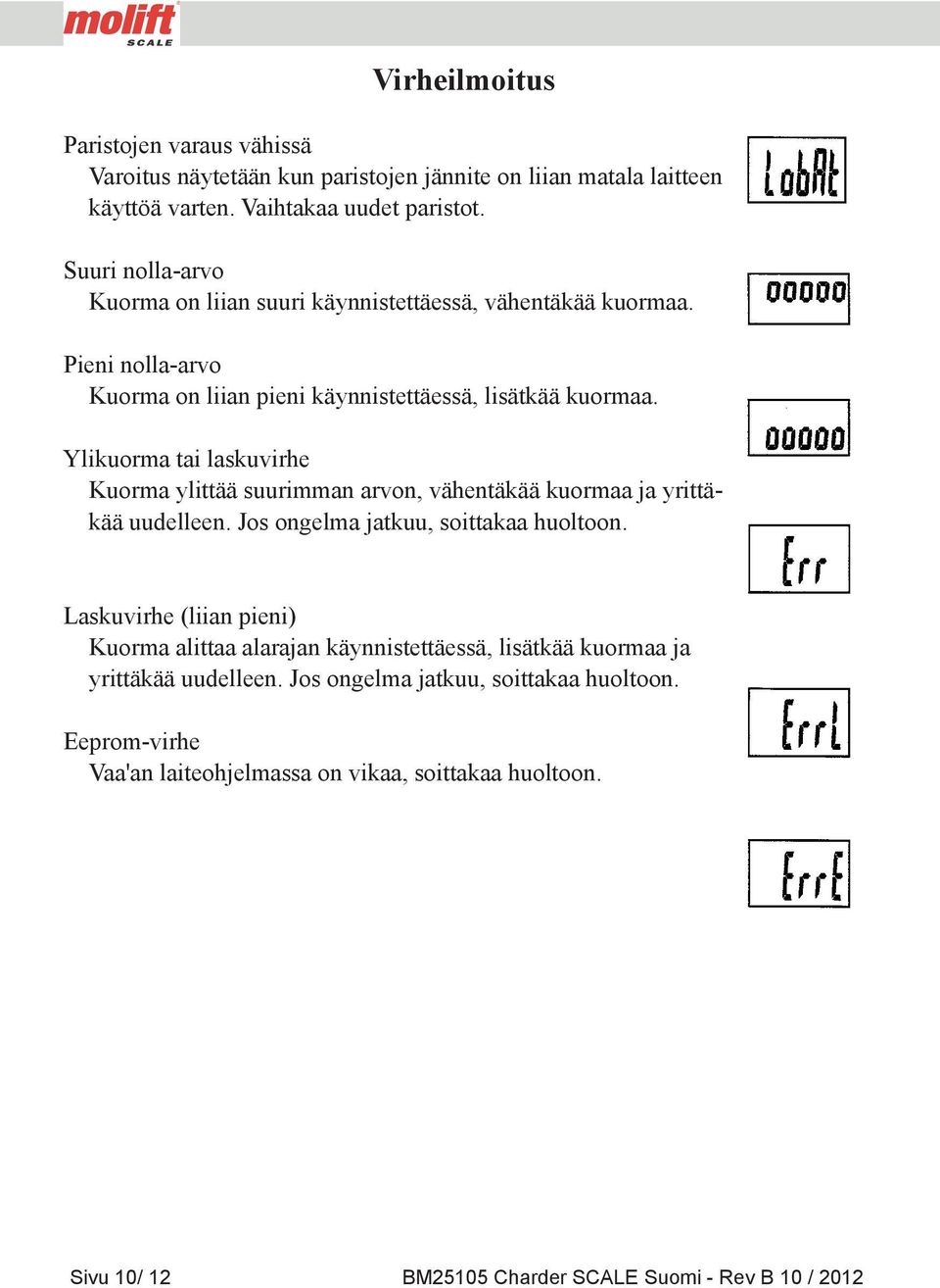 Ylikuorma tai laskuvirhe Kuorma ylittää suurimman arvon, vähentäkää kuormaa ja yrittäkää uudelleen. Jos ongelma jatkuu, soittakaa huoltoon.