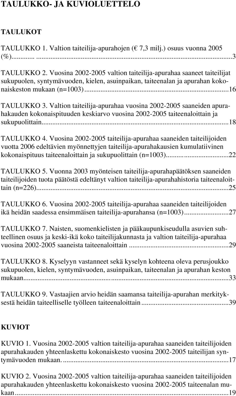 Valtion taiteilija-apurahaa vuosina 2002-2005 saaneiden apurahakauden kokonaispituuden keskiarvo vuosina 2002-2005 taiteenaloittain ja sukupuolittain...18 TAULUKKO 4.