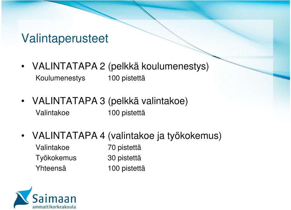 pistettä VALINTATAPA 4 (valintakoe ja työkokemus)