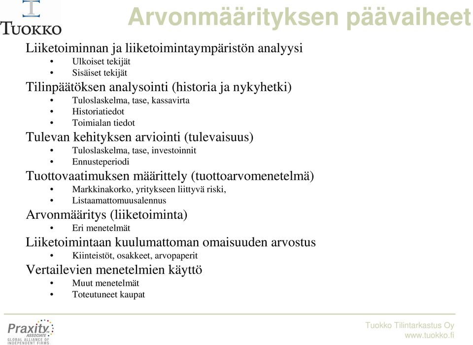 Ennusteperiodi Tuottovaatimuksen määrittely (tuottoarvomenetelmä) Markkinakorko, yritykseen liittyvä riski, Listaamattomuusalennus Arvonmääritys