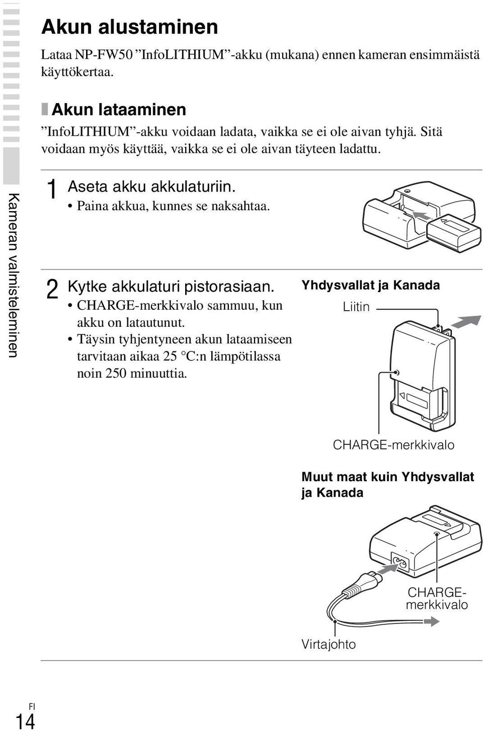 Kameran valmisteleminen 1 2 Aseta akku akkulaturiin. Paina akkua, kunnes se naksahtaa. Kytke akkulaturi pistorasiaan.