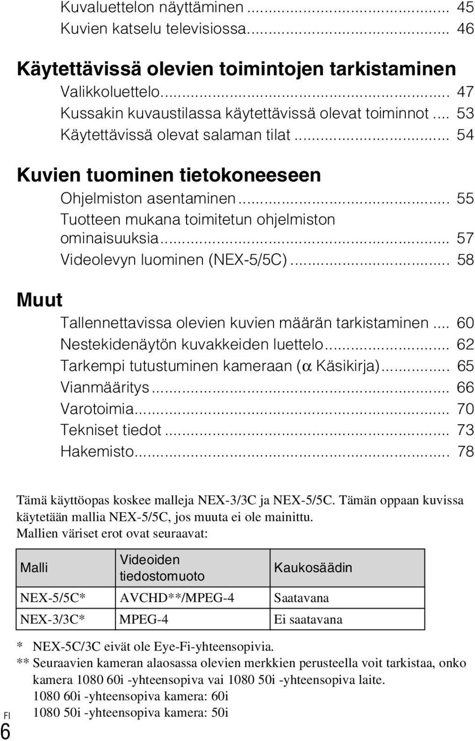 .. 58 Muut Tallennettavissa olevien kuvien määrän tarkistaminen... 60 Nestekidenäytön kuvakkeiden luettelo... 62 Tarkempi tutustuminen kameraan (α Käsikirja)... 65 Vianmääritys... 66 Varotoimia.