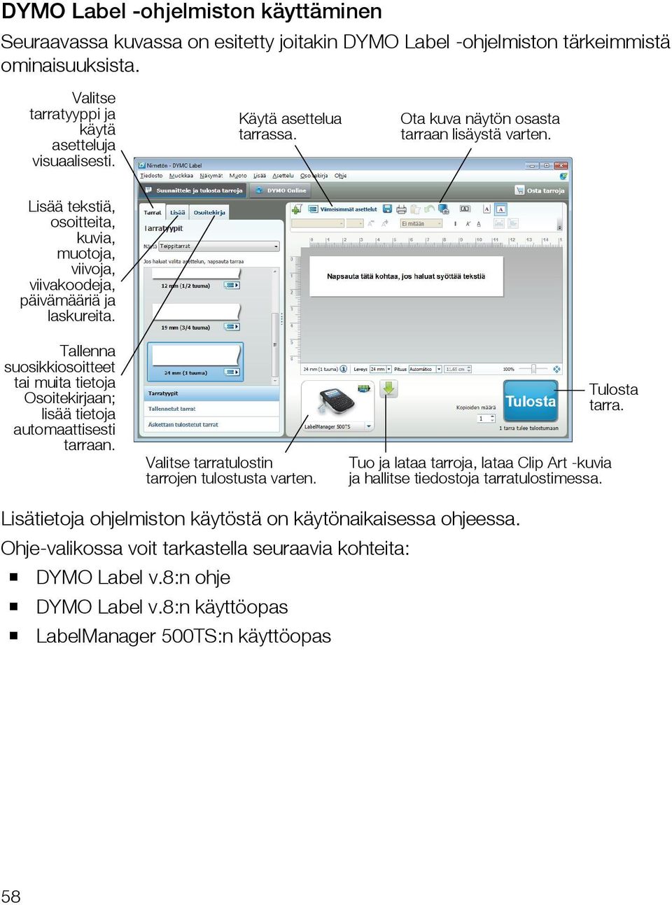 Tallenna suosikkiosoitteet tai muita tietoja Osoitekirjaan; lisää tietoja automaattisesti tarraan. Valitse tarratulostin tarrojen tulostusta varten.