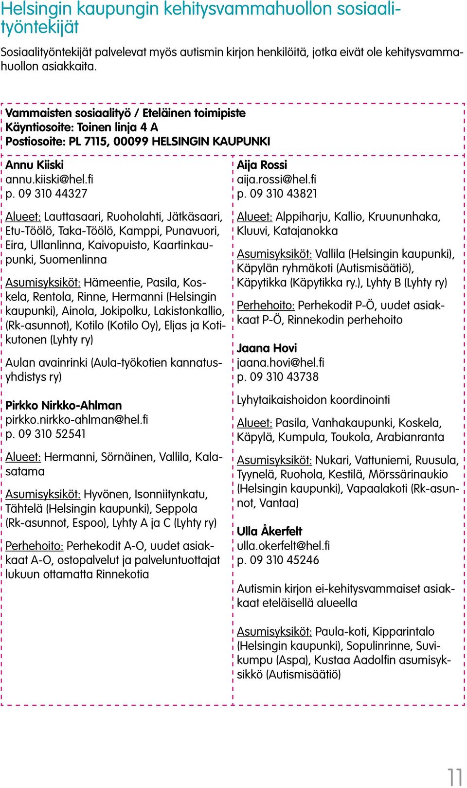 09 310 44327 Alueet: Lauttasaari, Ruoholahti, Jätkäsaari, Etu-Töölö, Taka-Töölö, Kamppi, Punavuori, Eira, Ullanlinna, Kaivopuisto, Kaartinkaupunki, Suomenlinna Asumisyksiköt: Hämeentie, Pasila,
