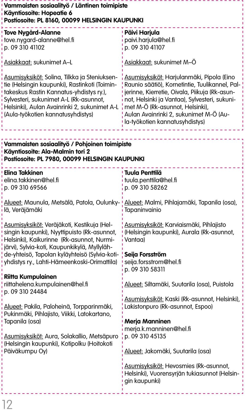 ), Sylvesteri, sukunimet A-L (Rk-asunnot, Helsinki), Aulan Avainrinki 2, sukunimet A-L (Aula-työkotien kannatusyhdistys) Päivi Harjula paivi.harjula@hel.fi p.