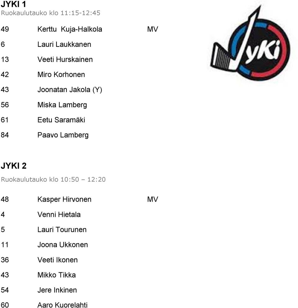 Paavo Lamberg JYKI 2 Ruokaulutauko klo 10:50 12:20 48 Kasper Hirvonen MV 4 Venni Hietala 5