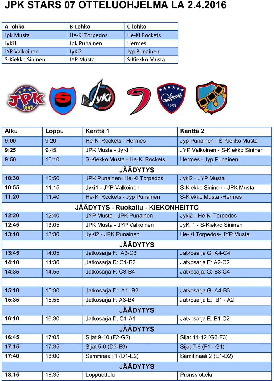 9:00 9:20 He-Ki Rockets - Hermes Jyp Punainen - S-Kiekko Musta 9:25 9:45 JPK Musta - JyKI 1 JYP Valkoinen - S-Kiekko Sininen 9:50 10:10 S-Kiekko Musta - He-Ki Rockets Hermes - Jyp Punainen JÄÄDYTYS