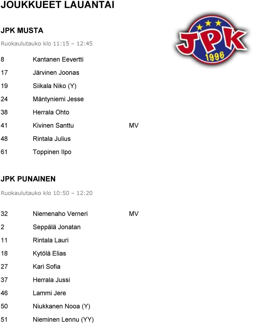 Ilpo JPK PUNAINEN Ruokaulutauko klo 10:50 12:20 32 Niemenaho Verneri MV 2 Seppälä Jonatan 11 Rintala