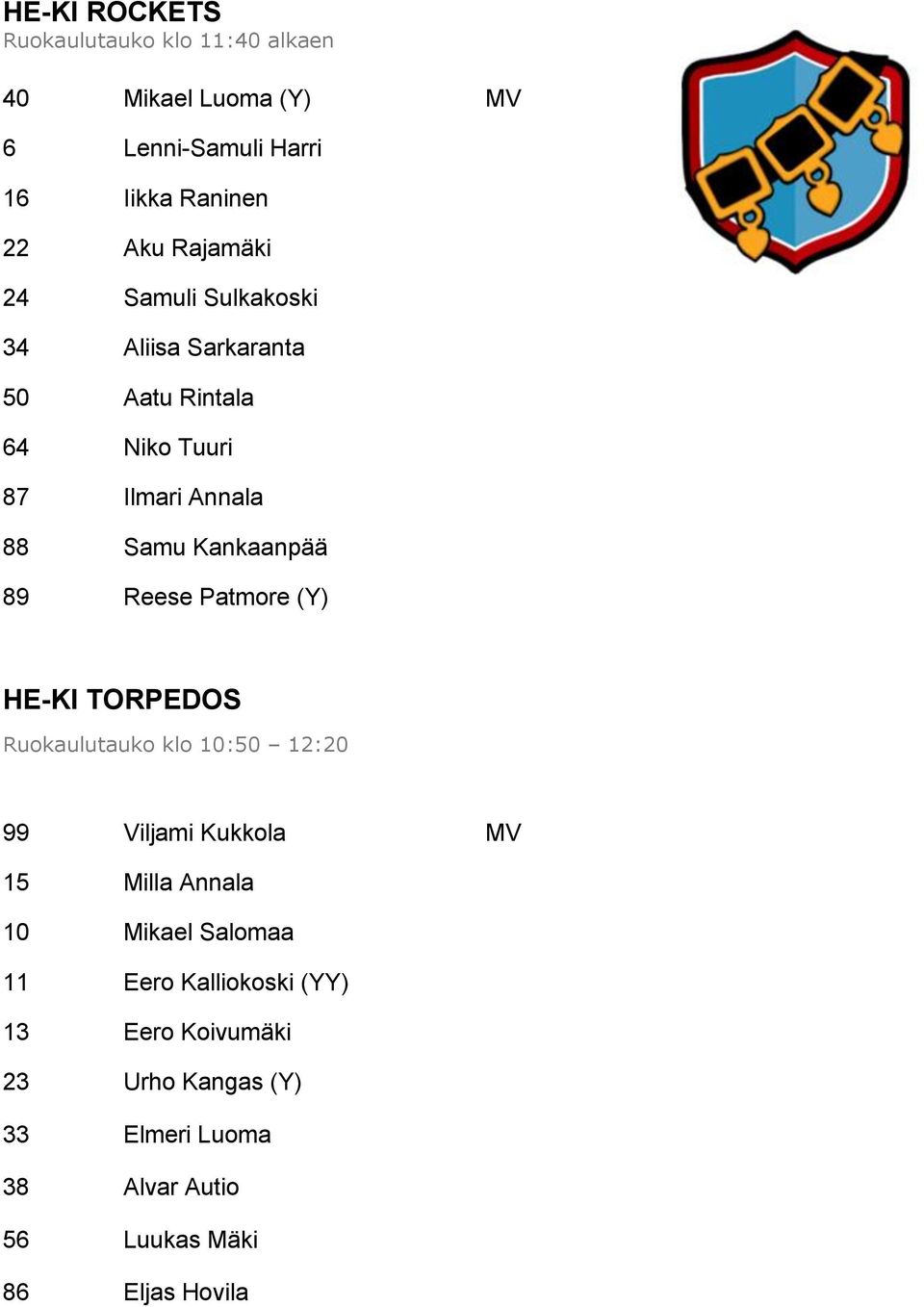 89 Reese Patmore (Y) HE-KI TORPEDOS Ruokaulutauko klo 10:50 12:20 99 Viljami Kukkola MV 15 Milla Annala 10 Mikael