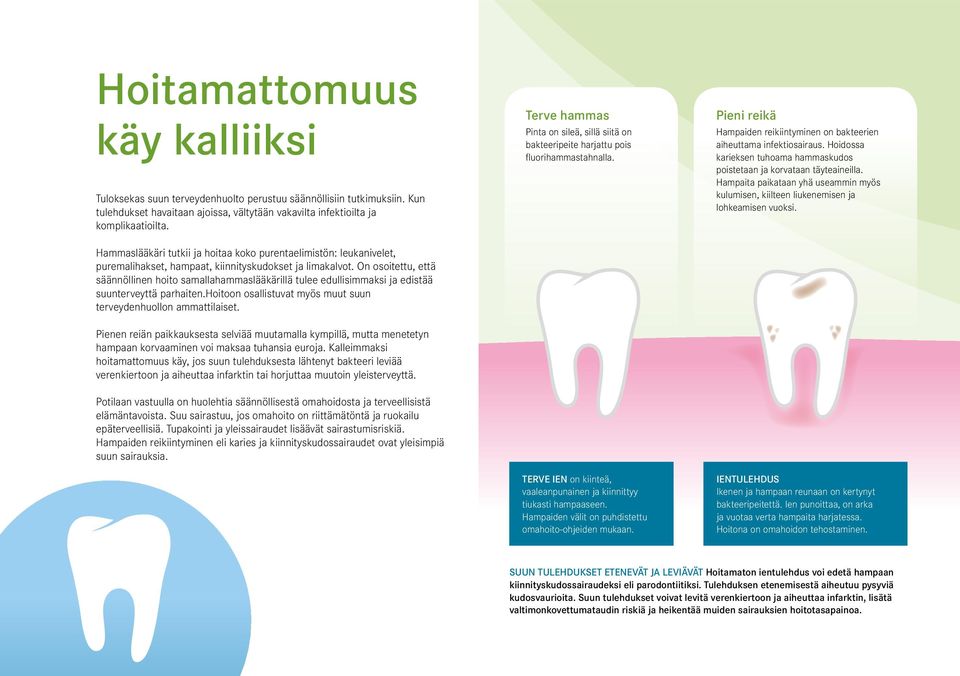 On osoitettu, että säännöllinen hoito samallahammaslääkärillä tulee edullisimmaksi ja edistää suunterveyttä parhaiten.hoitoon osallistuvat myös muut suun terveydenhuollon ammattilaiset.