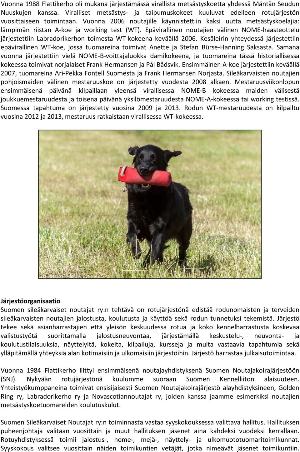 Vuonna 2006 noutajille käynnistettiin kaksi uutta metsästyskoelajia: lämpimän riistan A-koe ja working test (WT).