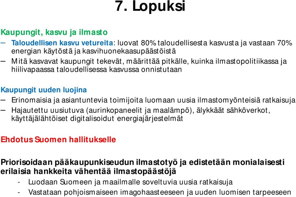 ilmastomyönteisiä ratkaisuja Hajautettu uusiutuva (aurinkopaneelit ja maalämpö), älykkäät sähköverkot, käyttäjälähtöiset digitalisoidut energiajärjestelmät Ehdotus Suomen hallitukselle Priorisoidaan