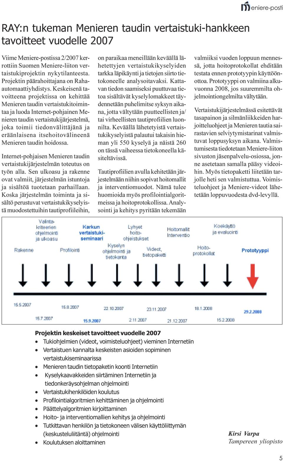 Keskeisenä tavoitteena projektissa on kehittää Menieren taudin vertaistukitoimintaa ja luoda Internet-pohjainen Menieren taudin vertaistukijärjestelmä, joka toimii tiedonvälittäjänä ja eräänlaisena