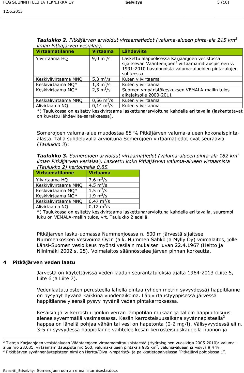 Keskiylivirtaama MNQ 5,3 m 3 /s Kuten ylivirtaama Keskivirtaama MQ* 1,8 m 3 /s Kuten ylivirtaama Keskivirtaama MQ* 2,3 m 3 /s Suomen ympäristökeskuksen VEMALA-mallin tulos aikajaksolle 2000-2011