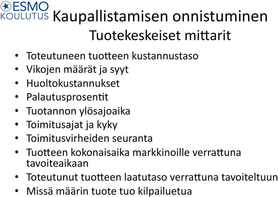 Toimitusajat ja kyky Toimitusvirheiden seuranta Tuo0een kokonaisaika markkinoille