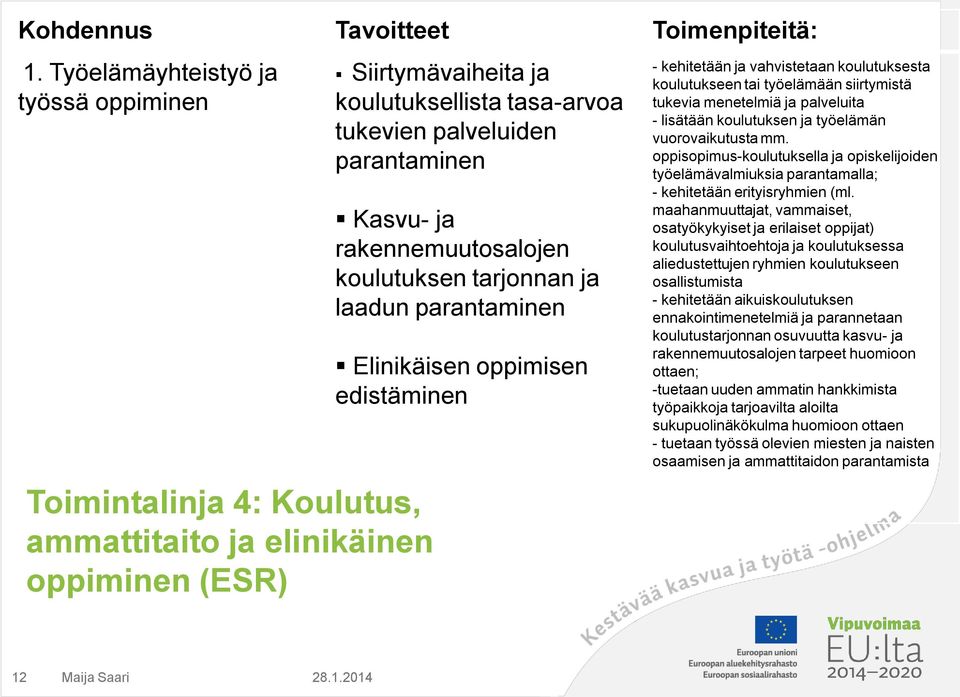 ja rakennemuutosalojen koulutuksen tarjonnan ja laadun parantaminen Elinikäisen oppimisen edistäminen - kehitetään ja vahvistetaan koulutuksesta koulutukseen tai työelämään siirtymistä tukevia