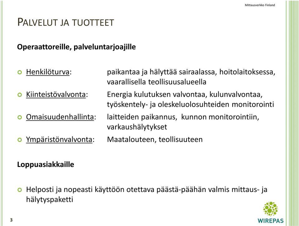 oleskeluolosuhteiden monitorointi Omaisuudenhallinta: laitteiden paikannus, kunnon monitorointiin, varkaushälytykset