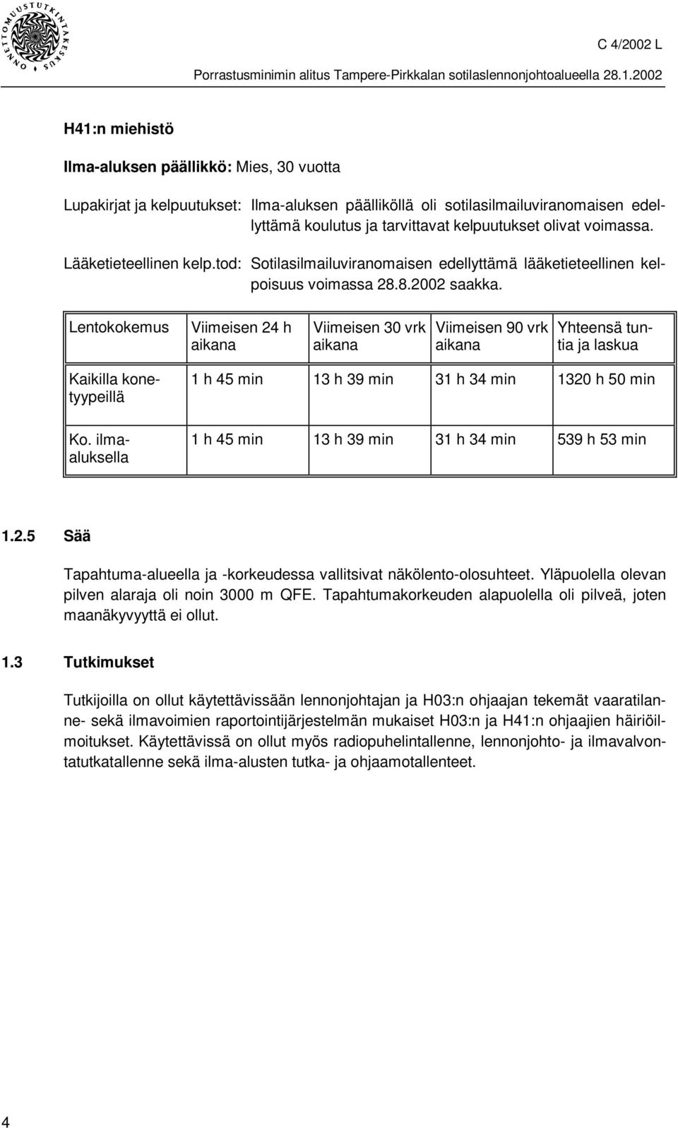 Lentokokemus Viimeisen 24 h aikana Viimeisen 30 vrk aikana Viimeisen 90 vrk aikana Yhteensä tuntia ja laskua Kaikilla konetyypeillä Ko.