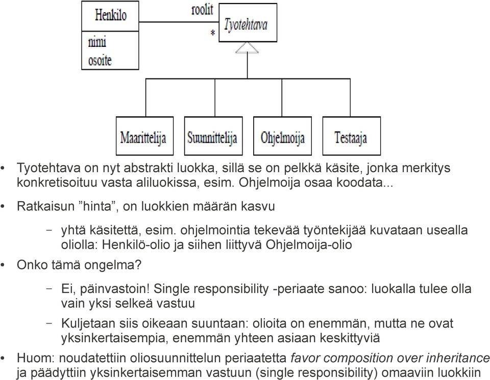 ohjelmointia tekevää työntekijää kuvataan usealla oliolla: Henkilö-olio ja siihen liittyvä Ohjelmoija-olio Onko tämä ongelma? Ei, päinvastoin!