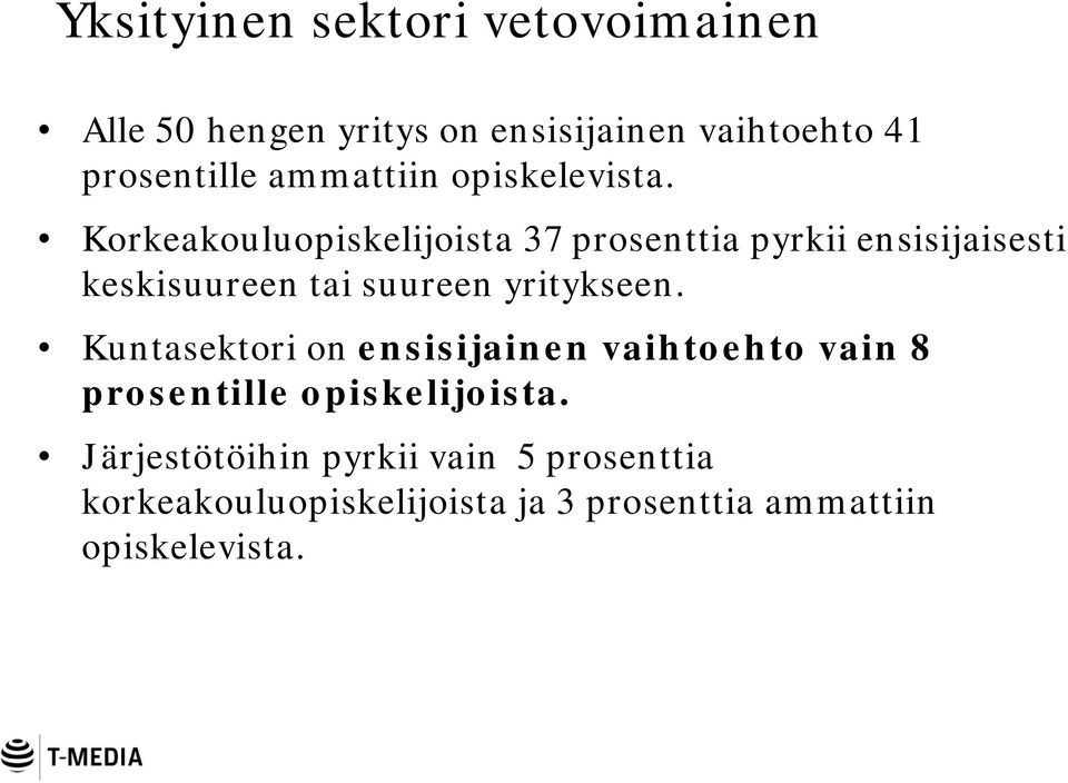 Korkeakouluopiskelijoista 37 prosenttia pyrkii ensisijaisesti keskisuureen tai suureen yritykseen.