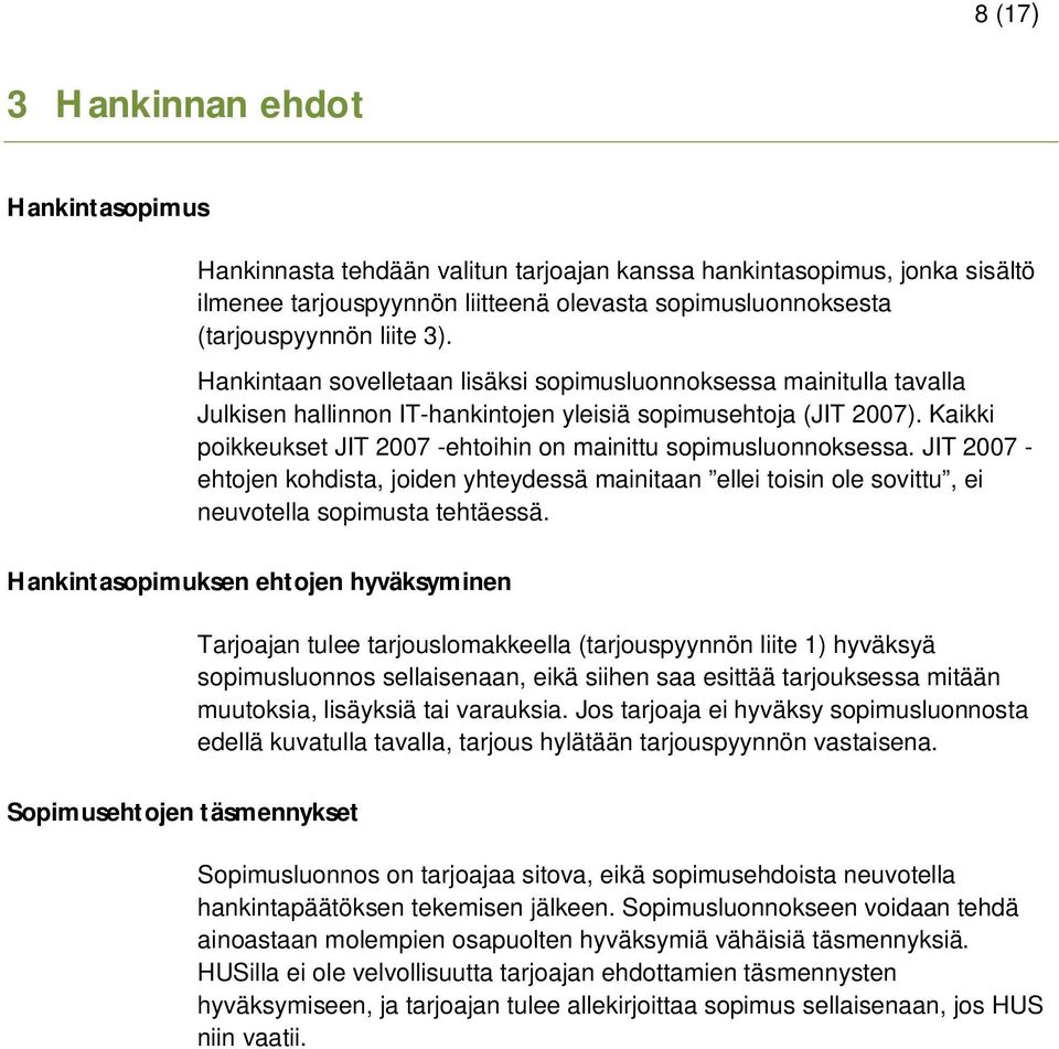 Kaikki poikkeukset JIT 2007 -ehtoihin on mainittu sopimusluonnoksessa. JIT 2007 - ehtojen kohdista, joiden yhteydessä mainitaan ellei toisin ole sovittu, ei neuvotella sopimusta tehtäessä.