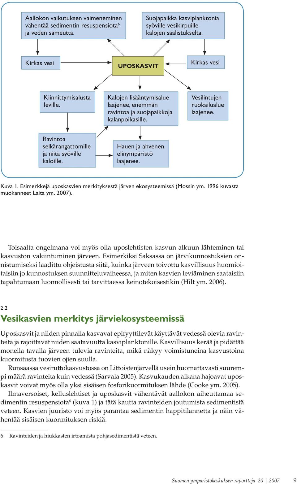 Ravintoa selkärangattomille ja niitä syöville kaloille. Hauen ja ahvenen elinympäristö laajenee. Kuva 1. Esimerkkejä uposkasvien merkityksestä järven ekosysteemissä (Mossin ym.