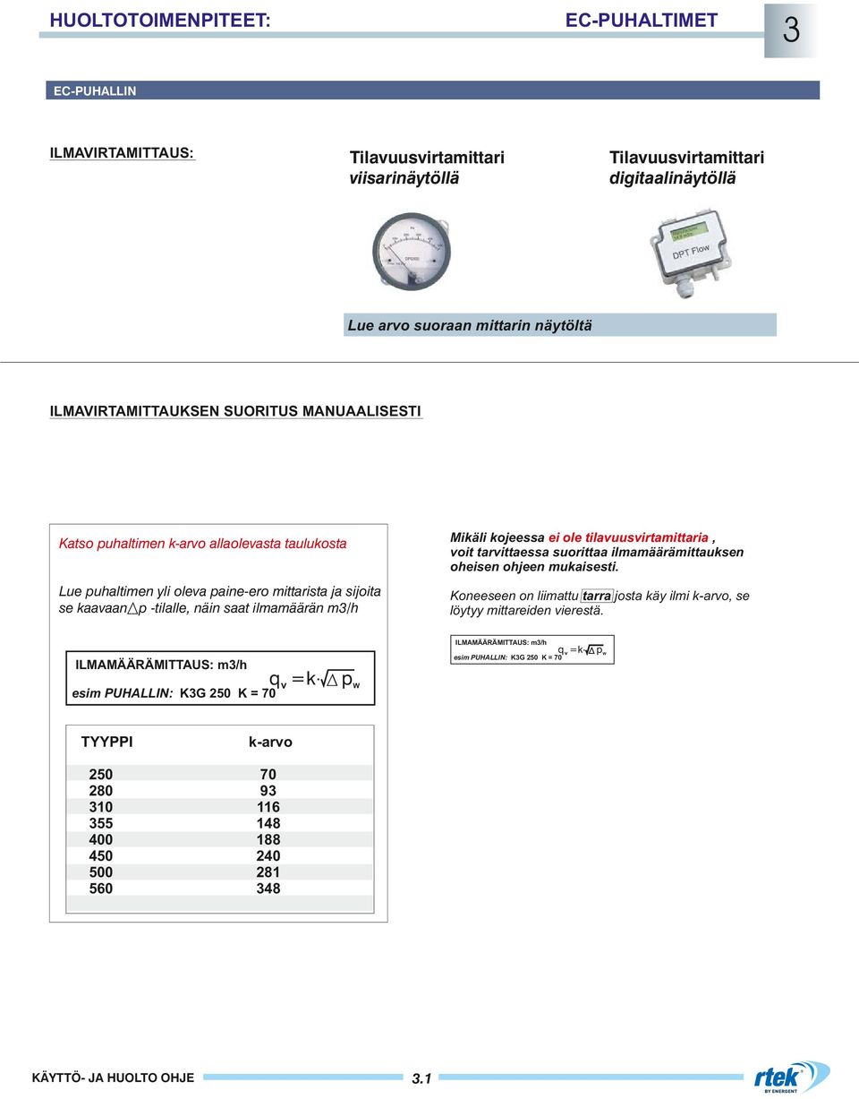 Lue puhaltimen yli oleva paine-ero mittarista ja sijoita se kaavaan p -tilalle, näin saat ilmamäärän m3/h Koneeseen on liimattu tarra josta käy ilmi k-arvo, se löytyy mittareiden vierestä.