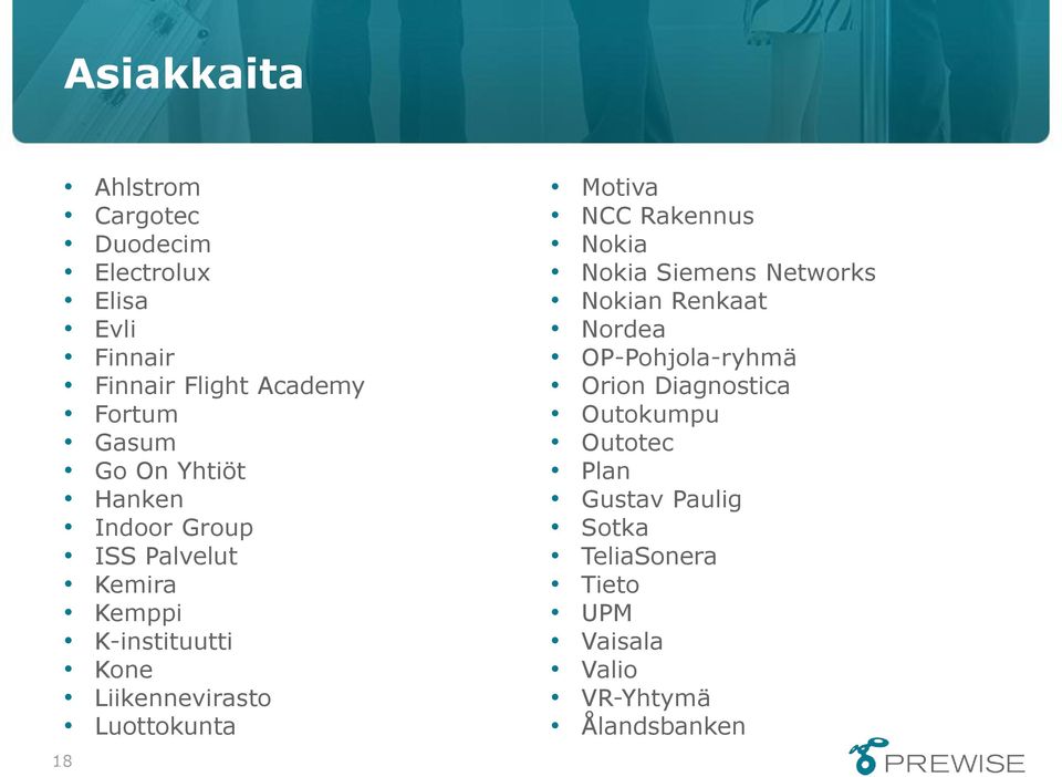 Luottokunta Motiva NCC Rakennus Nokia Nokia Siemens Networks Nokian Renkaat Nordea OP-Pohjola-ryhmä Orion